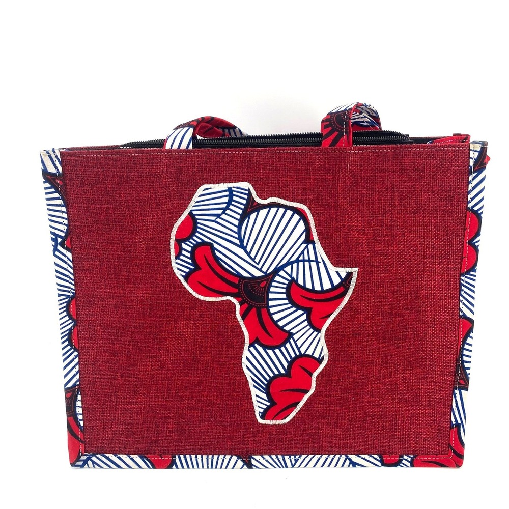 Handmade African Print Tote Bag Applique Embroidered Map Africa Zipper Top Red